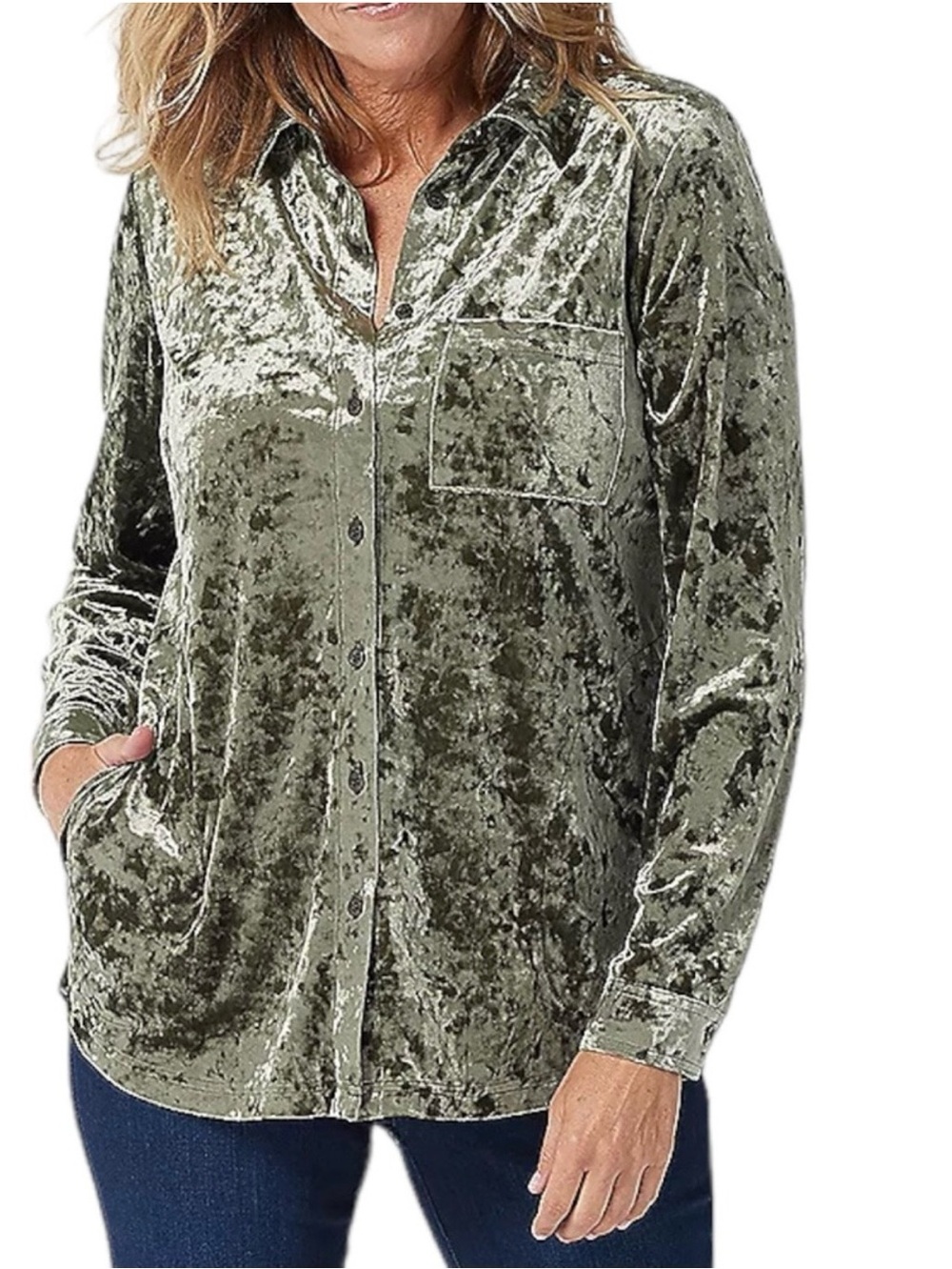 Belle Kim Gravel Size 1X long sleeve green crushed velvet shirt